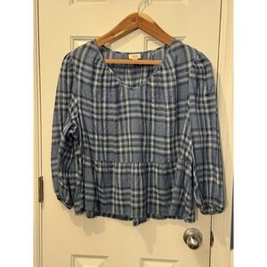 NWT Ana OX Blue Plaid Boho Babydoll Top Casual Flowy Comfy Spring Summer